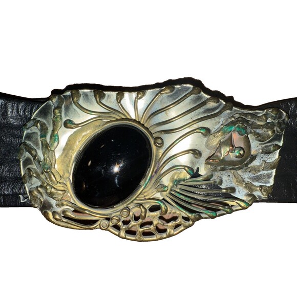 Vintage Mexican Artisan Belt Black Leather Wide Brass Sculptural Buckle Boho MCM - Picture 7 of 13